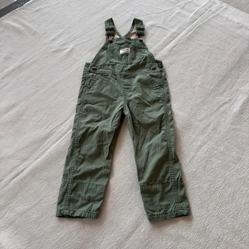OshKosh B'gosh Toddler Overalls Size 2T Green Cotton Bib Overalls Floral Lining